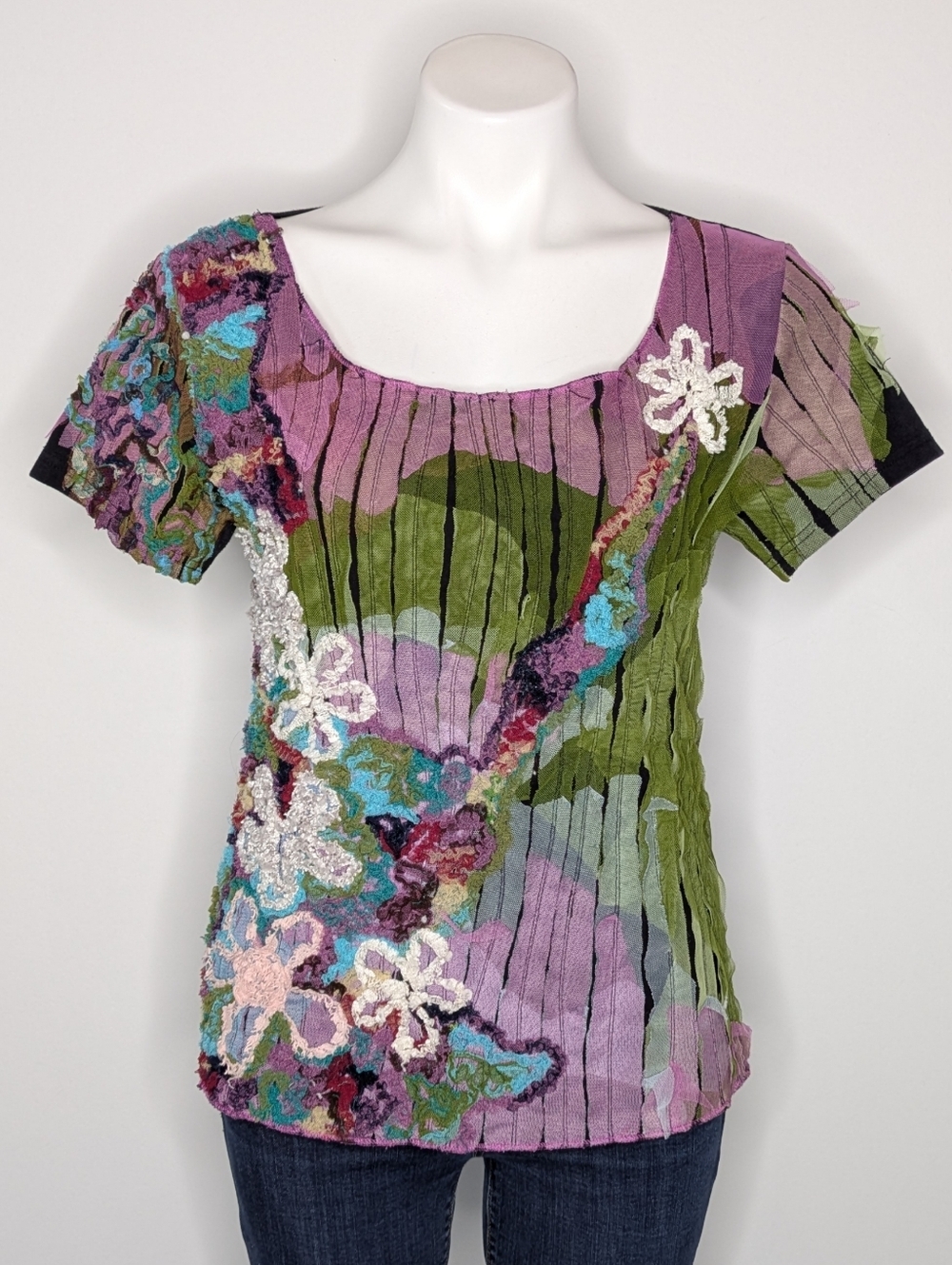 Radzoli Black Purple Green Artsy Floral Short Sleeve T-shirt L